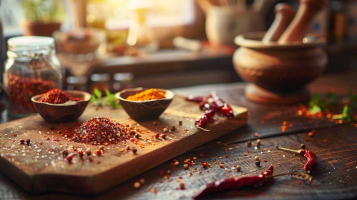 Chili salt, dried chili and chili powder on wooden cutting board in cozy kitchen